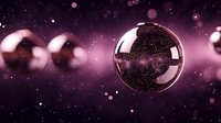Transparent soap bubbles floating in purple cosmic space with glowing particles and bokeh effect create dreamy atmospheric background.