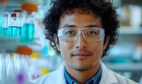 Young Hispanic male scientist wearing protective eyewear and lab coat in research laboratory with colorful liquid samples in test tubes and beakers in background.