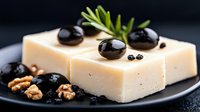 Fresh feta cheese block garnished with black olives, walnuts and rosemary on dark plate, close up view of traditional Mediterranean appetizer.