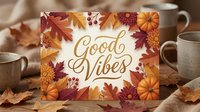 Autumn Good Vibes greeting card with fall leaves, pumpkins and warm colors for seasonal marketing, thanksgiving decor and positive messaging campaigns.