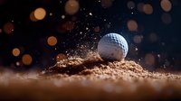 Golf ball on sand with dramatic splash and bokeh lights creating dynamic sports action scene for athletic marketing and tournament promotion.