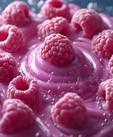 Fresh ripe raspberries on pink creamy yogurt surface with water drops, extreme close up macro photography showing detailed texture and freshness.
