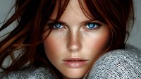 Young woman with striking blue eyes and auburn hair wearing cozy gray knit sweater against neutral background, natural makeup and freckles create fresh beauty look.