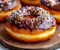 Fresh chocolate glazed donut with colorful sprinkles on wooden board, close up view of sweet pastry dessert with rich dark topping and rainbow decoration.