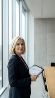 Confident mature businesswoman with tablet standing by office window in modern corporate environment for professional presentations and meetings.