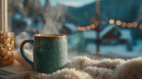 Steaming hot beverage in rustic ceramic mug on cozy winter morning with warm bokeh lights and soft textiles creating hygge atmosphere for relaxation.