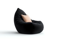 Modern black bean bag chair with soft pink cushion on white background, comfortable furniture for relaxation and interior design, isolated object.