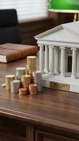 Miniature bank building model with stacked coins on wooden desk representing financial stability, savings, investment planning and banking services concept.