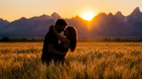 Romantic couple silhouette embracing in golden wheat field at sunset with majestic mountain range backdrop creating intimate moment for love and relationship concepts.
