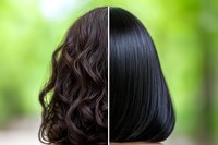 Split view comparison of curly and straight dark hair styles against blurred green background, demonstrating hair texture transformation and styling results.