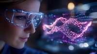 Young woman wearing augmented reality glasses observes glowing pink digital DNA helix visualization floating in dark space with bokeh light effects in background.
