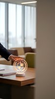 Professional hand activating modern circular LED desk lamp with geometric design in contemporary office workspace with natural lighting.