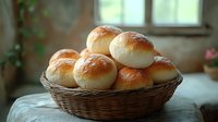 Fresh homemade dinner rolls piled in rustic wicker basket, golden brown crusty tops with soft texture, natural window lighting creates cozy atmosphere.