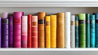 Colorful vintage books arranged in rainbow spectrum order on white wooden shelf, creating gradient effect from purple through red, yellow to green and blue tones.
