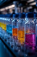 Row of laboratory bottles filled with colorful chemical solutions in blue, yellow, orange and purple liquids on reflective surface in scientific research facility.