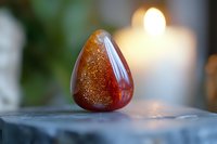 Polished red sunstone crystal on dark surface with soft bokeh background and warm candlelight glow, showcasing natural sparkle and translucent properties.