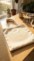 Natural cotton tote bag on wooden table with houseplants and ceramic mug in warm sunlight creating cozy sustainable lifestyle scene for eco-friendly shopping.