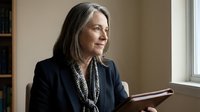 Mature Caucasian businesswoman with gray hair in dark suit holding tablet in modern office, professional executive working with technology.