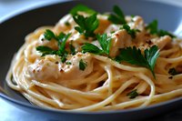 Creamy fettuccine pasta with white sauce garnished with fresh parsley and black pepper, served on dark plate, close-up view of Italian cuisine.