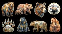 Watercolor bear clipart set with grizzly, black bear, paw print, and mother with cub, isolated on transparent background, ready for t-shirts, stickers, and print on demand.