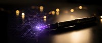 Digital pen creating purple circuit board patterns with glowing electronic connections and warm bokeh lights in background for technology design.