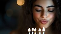 Young woman with closed eyes making wish blowing out birthday candles in warm candlelight creating intimate celebration moment with soft golden glow and peaceful expression.