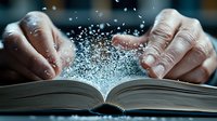 Magical sparkles rising from open book pages between hands in dark atmospheric setting, creating mystical literary scene with glowing particles and dramatic lighting.