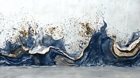 Abstract navy blue and gold marble liquid art with white waves and splatters on light background, modern fluid painting style for luxury interior decor.