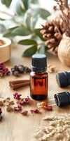 Essential oil amber bottle with aromatic ingredients including cinnamon sticks, dried flowers and pine cones on wooden surface, natural spa and aromatherapy concept.