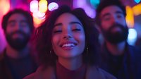 Young mixed race woman smiling with closed eyes at night club party, colorful bokeh lights background, two bearded men behind her, authentic joyful expression.