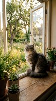 Fluffy tabby cat sitting on wooden windowsill surrounded by potted plants looking out at sunny garden through open window creating cozy home atmosphere.