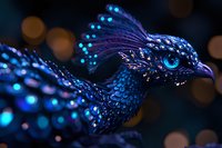 Mystical blue peacock with glowing details and water drops against dark background with bokeh lights creates magical atmosphere for fantasy designs.