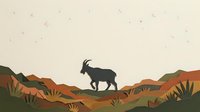 Silhouette of a goat standing on a desert hill with layered mountains and sparse vegetation in warm earth tones, suitable for wildlife and nature design projects.