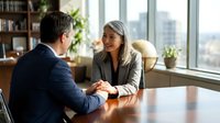 Professional business meeting between confident businessman and businesswoman discussing partnership in modern office with city view.