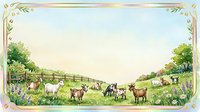 Watercolor goat farm scene with herd grazing on green meadow, wildflowers, fence, and trees, framed with golden floral border.