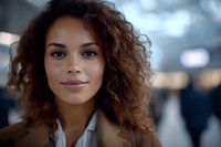 Young mixed race businesswoman with curly hair and confident smile wearing brown blazer and white shirt, professional corporate portrait with blurred background.