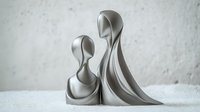Elegant minimalist silver sculpture depicting abstract couple embracing, symbolizing love and unity against neutral background. Perfect for modern home decor.