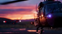 Military helicopter silhouette against dramatic sunset sky with purple and orange clouds, aviation scene with dark moody atmosphere and glowing lights.
