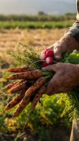 Farmer hands holding fresh organic vegetables including carrots and radishes harvested from sustainable farm field during golden hour sunset.