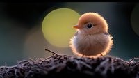 Adorable fluffy baby bird with orange-brown feathers sitting on tree bark at sunset, backlit by golden bokeh light creating magical nature atmosphere.