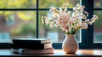 Fresh white and pink wildflowers in ceramic vase next to stack of books on windowsill, soft natural daylight creating cozy home atmosphere with blurred background.
