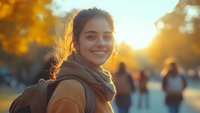 Young mixed race woman with backpack smiling outdoors at sunset, wearing brown scarf and jacket. Golden sunlight creates warm backlighting effect in autumn park.