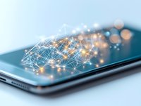 Smartphone displaying glowing network connections and digital nodes with bokeh light effects on screen, representing mobile technology and wireless connectivity.