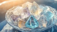 Crystal clear ice cubes in ornate glass bowl with warm sunlight creating rainbow prisms and reflections on blue surface for summer refreshment concepts.
