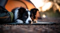 Border Collie dog lying on ground at sunset with backpack, close-up portrait showing expressive eyes and distinctive black and white markings in warm evening light.