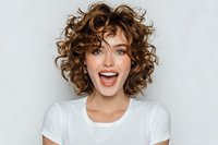 Young woman with curly brown hair laughing joyfully in white t-shirt on gray background. Positive emotions, happiness and excitement concept for lifestyle content.