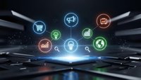 Digital business icons floating above laptop keyboard with glowing network connections representing modern commerce technology and online marketing solutions.