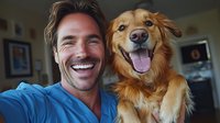 Happy Caucasian man with dark hair and beard taking selfie with golden retriever mix dog showing matching cheerful smiles and positive emotions at home.