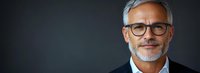 Confident mature Caucasian businessman with gray hair, beard and glasses smiling against dark background. Professional corporate portrait in panoramic format.