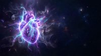 Glowing human heart with electric energy surrounded by cosmic nebula and stars in deep space for medical and science concepts.
